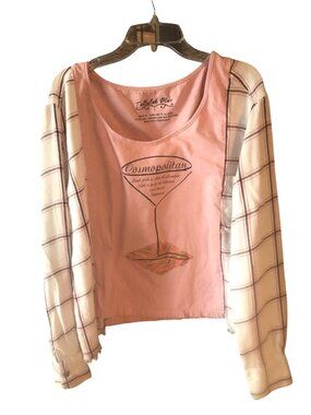 Reworked Flannel Shirt, Upcycled Oversized Cosmopolitan Graphic Tee, Size S - M